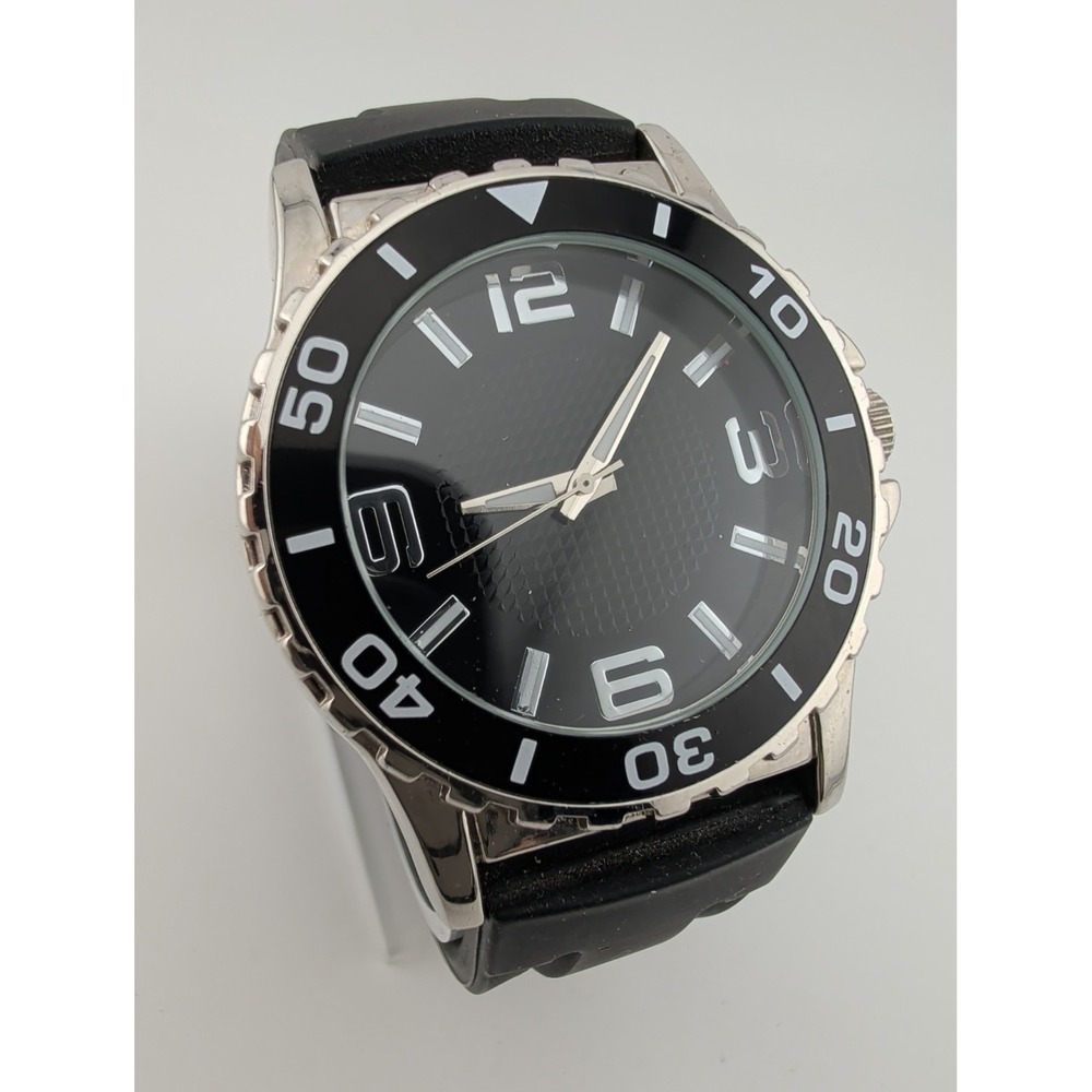 Men's Watch 44mm Silver Case Black Silicone Band- New Battery